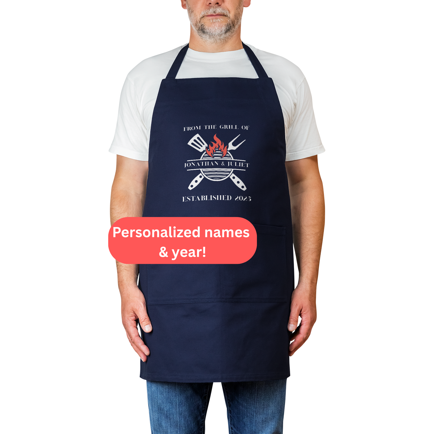 Personalized BBQ Apron. From the Grill of…with Custom Names & Year. Gift for Couples, Grill Masters & Food Lovers. Anniversary Gift.