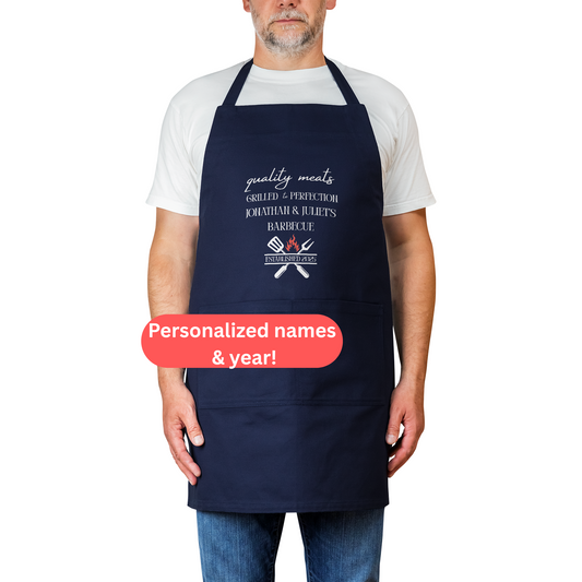 Personalized BBQ Apron. Quality Meats, Grilled to Perfection with Custom Names & Year.  Gift for Couples, Grill Masters & Foodies. Anniversary Gift.