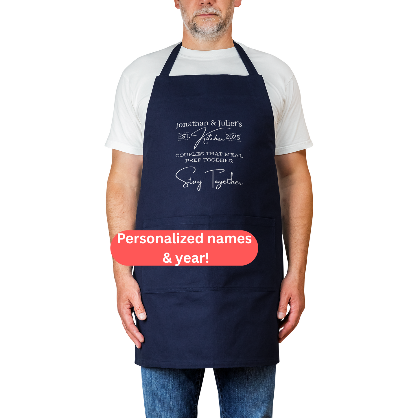 Personalized Couples Apron. Jonathan & Juliet’s Kitchen Est. 2025. Custom Names and Year. Romantic Gift for Couples Who Love to Cook Together