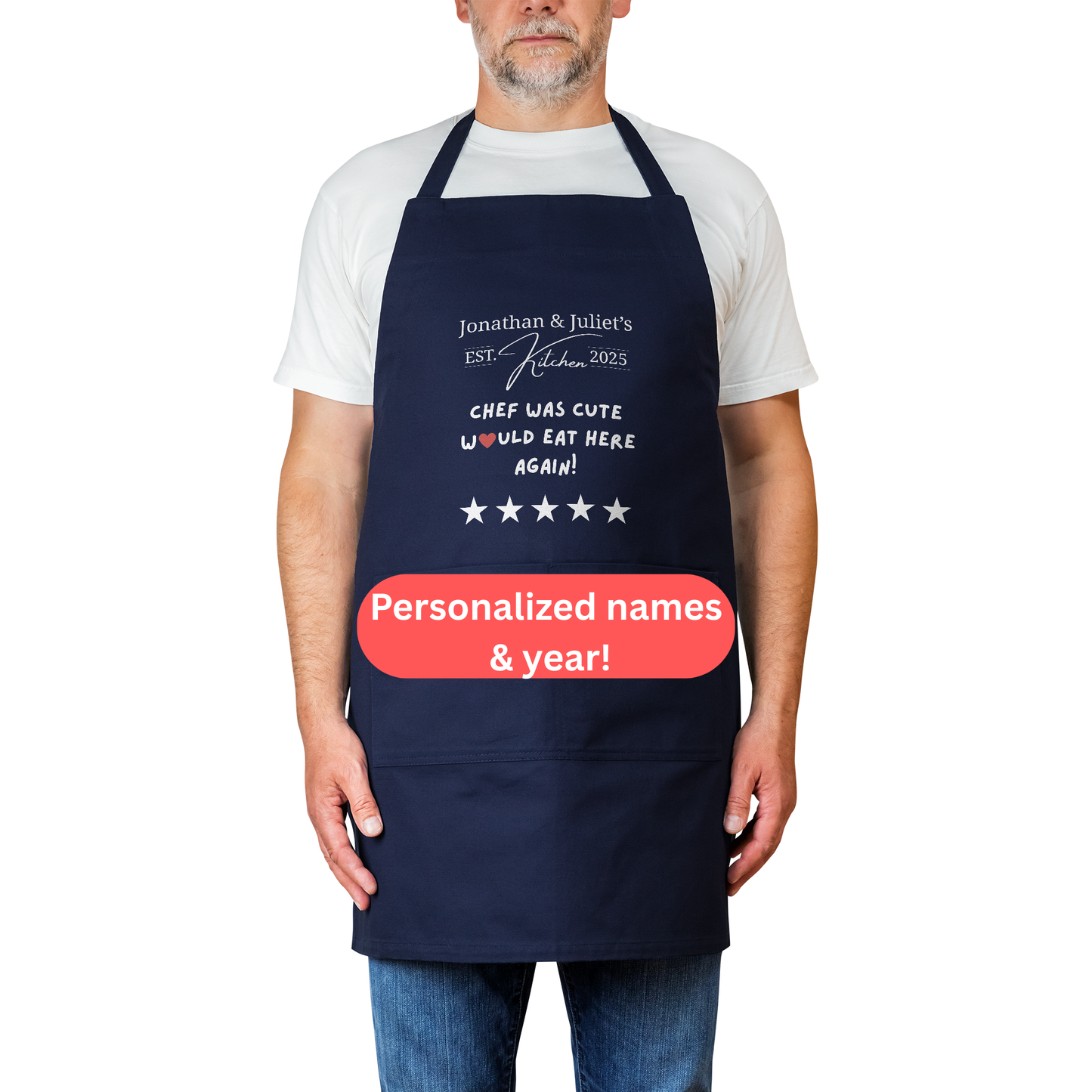 Personalized Couples Apron. Chef Was Cute. Would Eat Here Again! Custom Names and Year. Wedding Gift. Anniversary Gift.