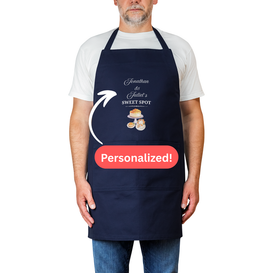 Personalized Kitchen Apron. Heavy Cotton. Sweet Spot. Custom Names. Couples Baking Gift with Cake Design. Foodie couple.