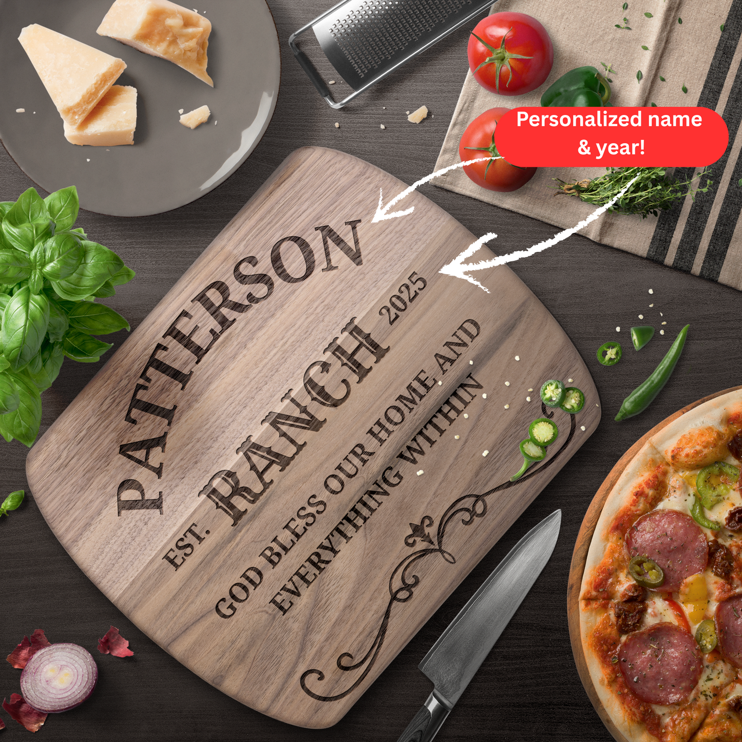 Personalized Ranch Cutting Board. God Bless Our Home. Custom Family Name and Year