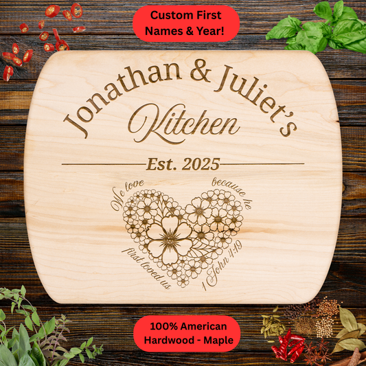 Personalized Christian Cutting Board. Custom Names and Year. Wedding Gift. Anniversary Gift. Valentines Day Gift