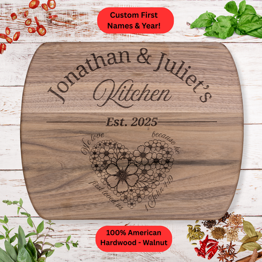 Personalized Christian Cutting Board. Custom Names and Year. Wedding Gift. Anniversary Gift. Valentines Day Gift