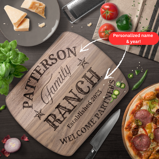 Personalized Ranch Cutting Board. Welcome Partners. Custom Family Name and Year. Ranch Family Gift.