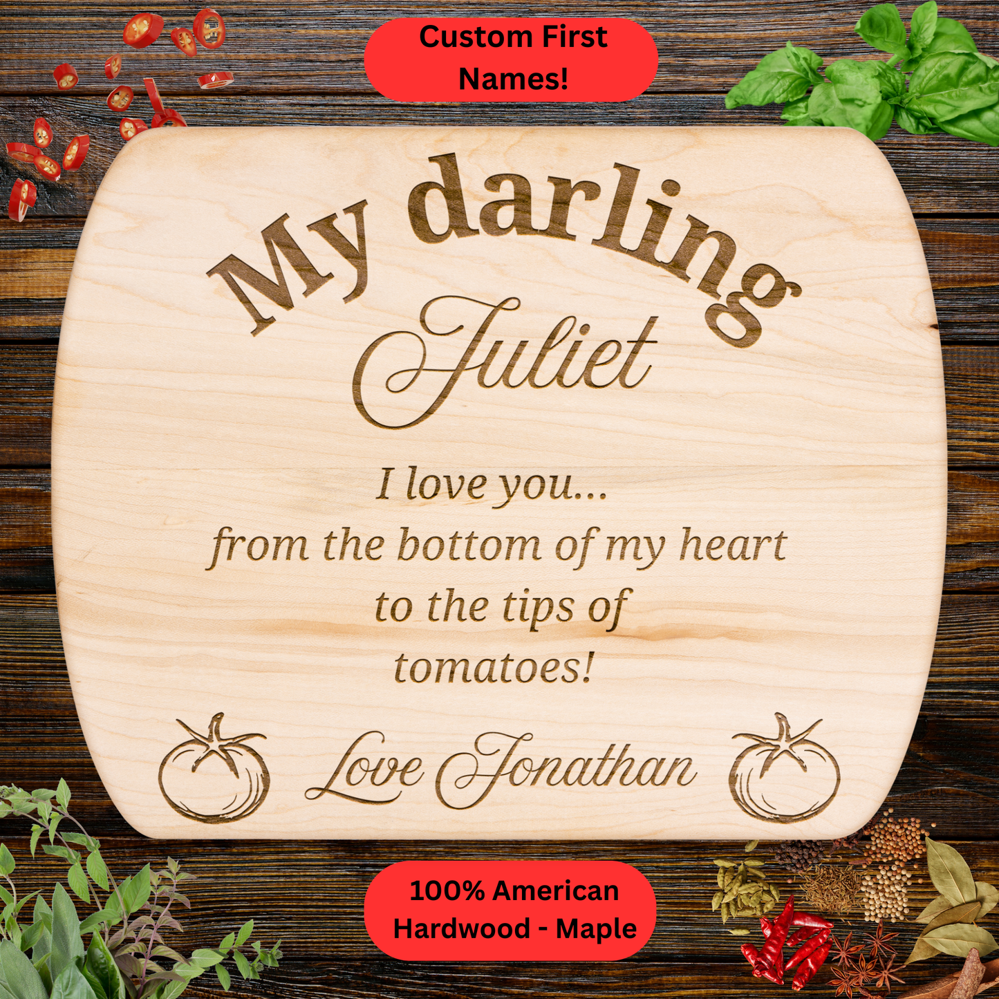 Personalized Romantic Cutting Board. Custom Name Gift. Wedding or Anniversary Gift. Valentines Day Gift