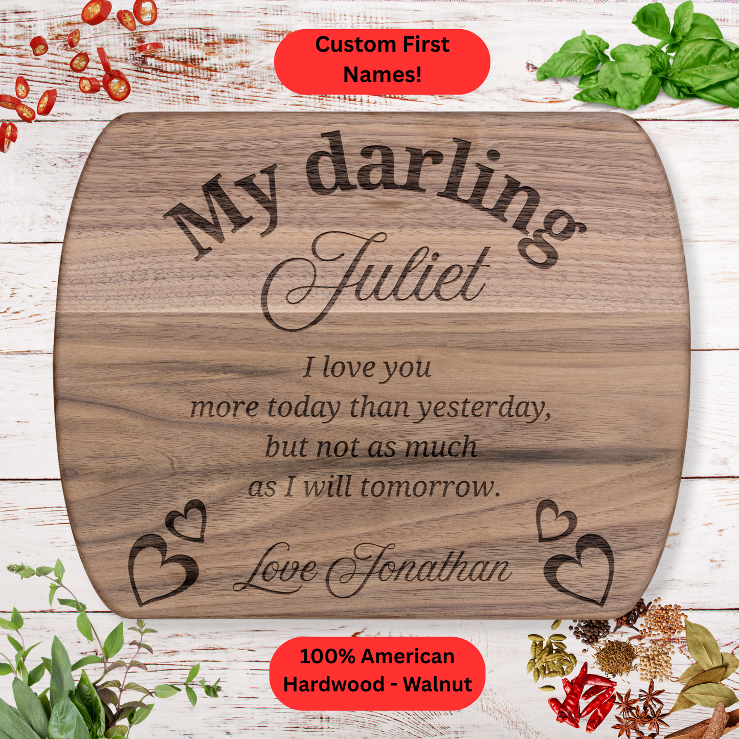 Personalized Romantic Cutting Board. Custom Name Kitchen Gift. Wedding or Anniversary Gift. Valentines Day Gift