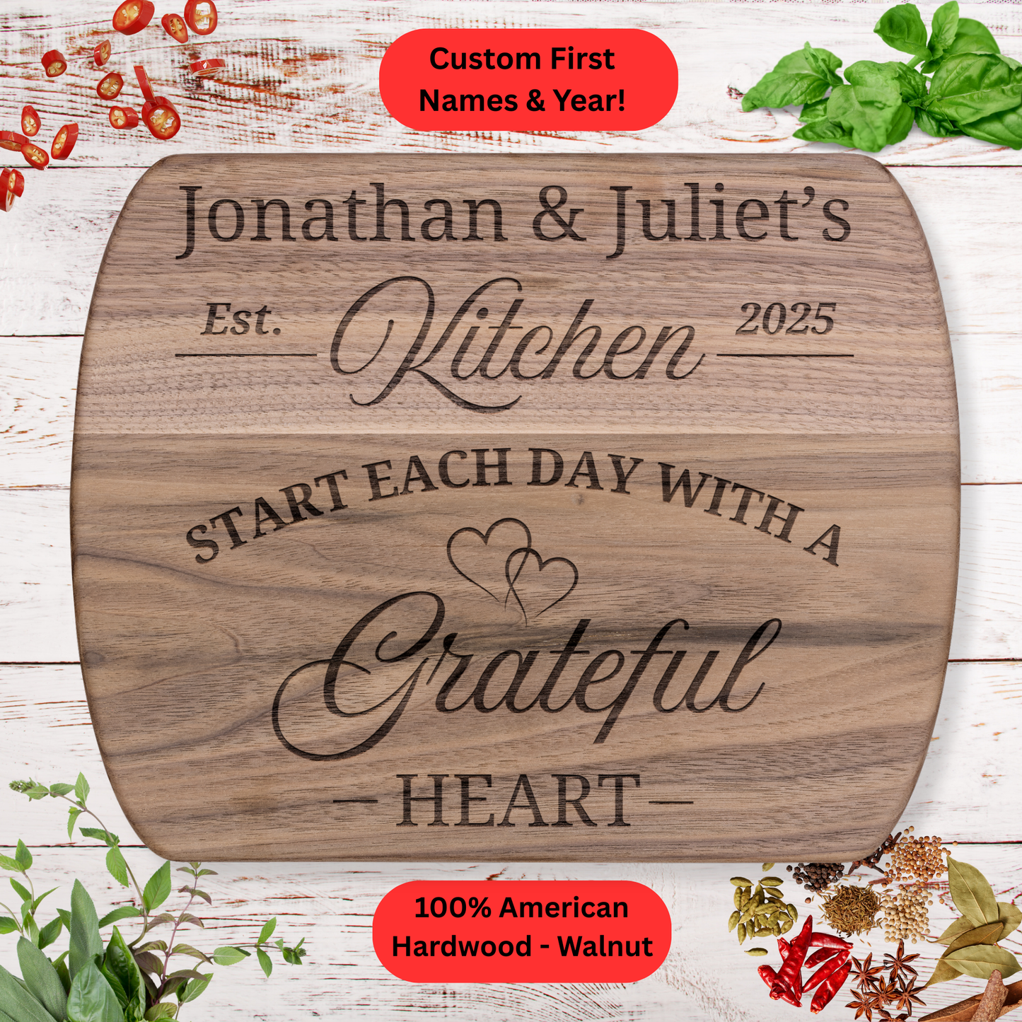 Personalized Family Kitchen Cutting Board. Custom Name and Year Gift. Wedding or Anniversary Gift. Valentines Day Gift