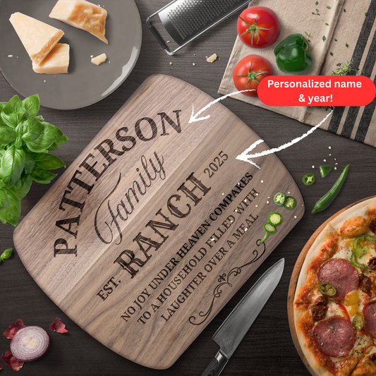 Personalized Ranch Hardwood Cutting Board.  Custom Family Name and Year. Ranch family gift.