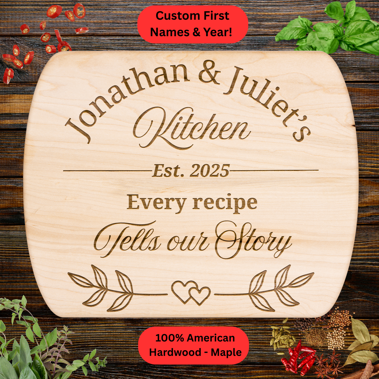 Personalized Couples Kitchen Cutting Board. Custom Names and Year Gift. Wedding or Anniversary Gift. Valentines Day Gift