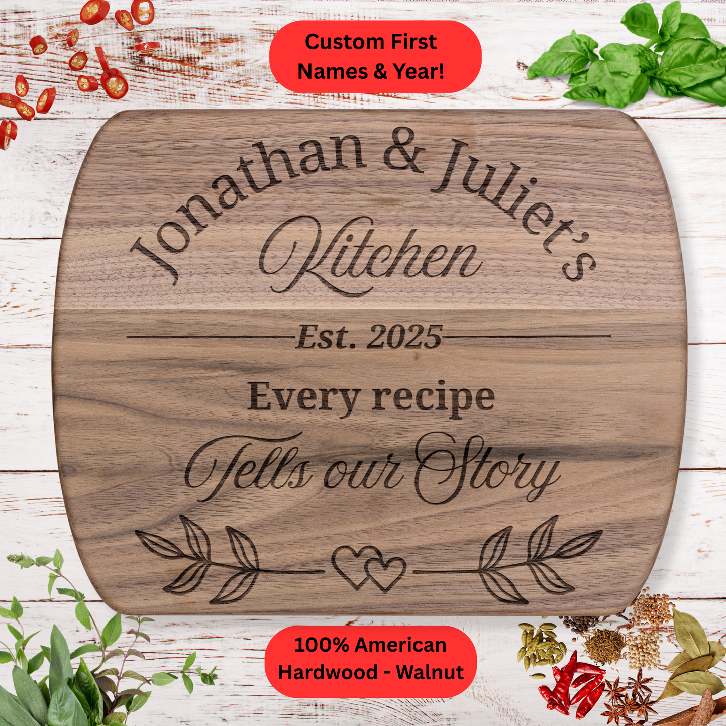 Personalized Couples Kitchen Cutting Board. Custom Names and Year Gift. Wedding or Anniversary Gift. Valentines Day Gift