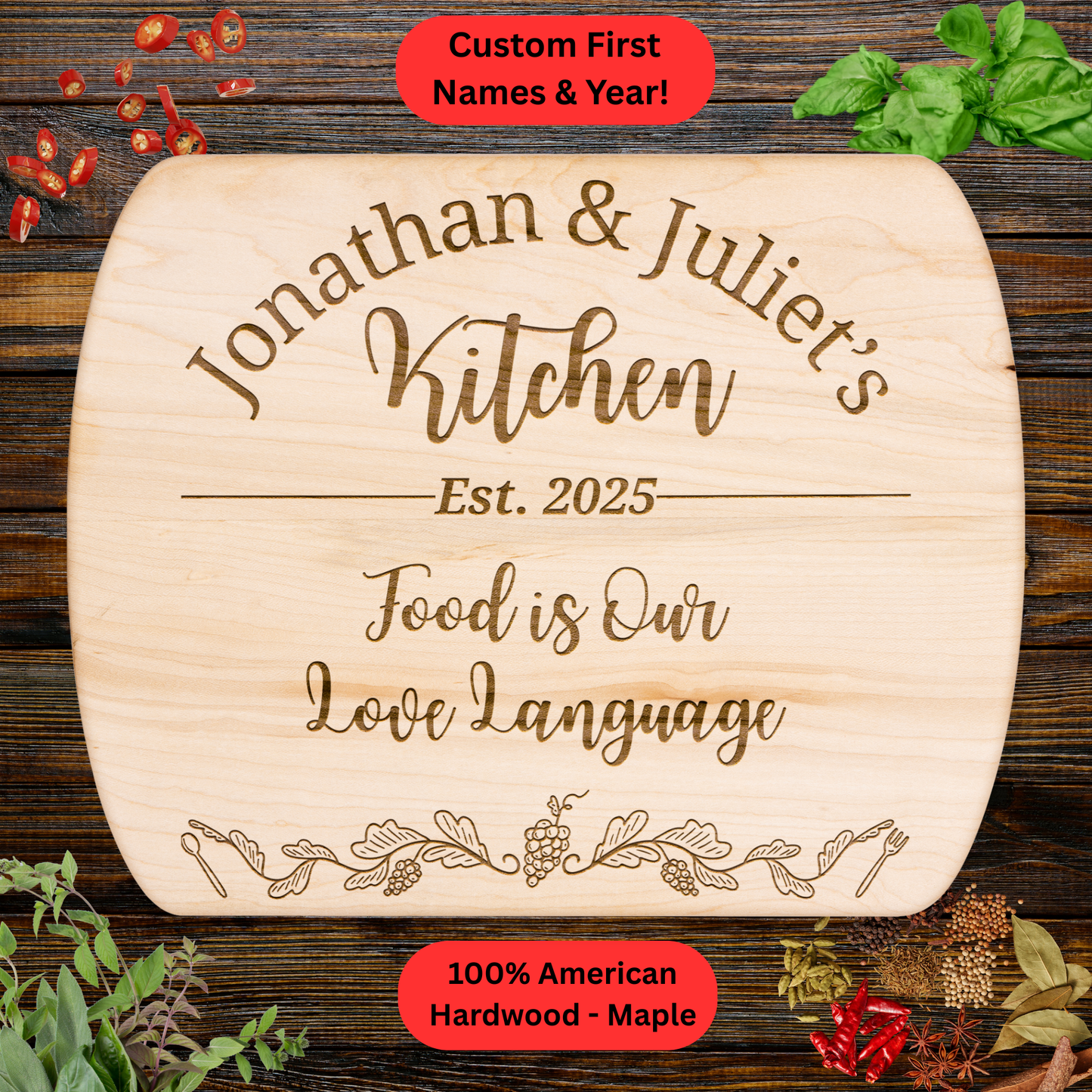 Personalized Couples Cutting Board. Custom Names and Year. Walnut or Maple. Wedding or Anniversary Gift. Valentines Day Gift