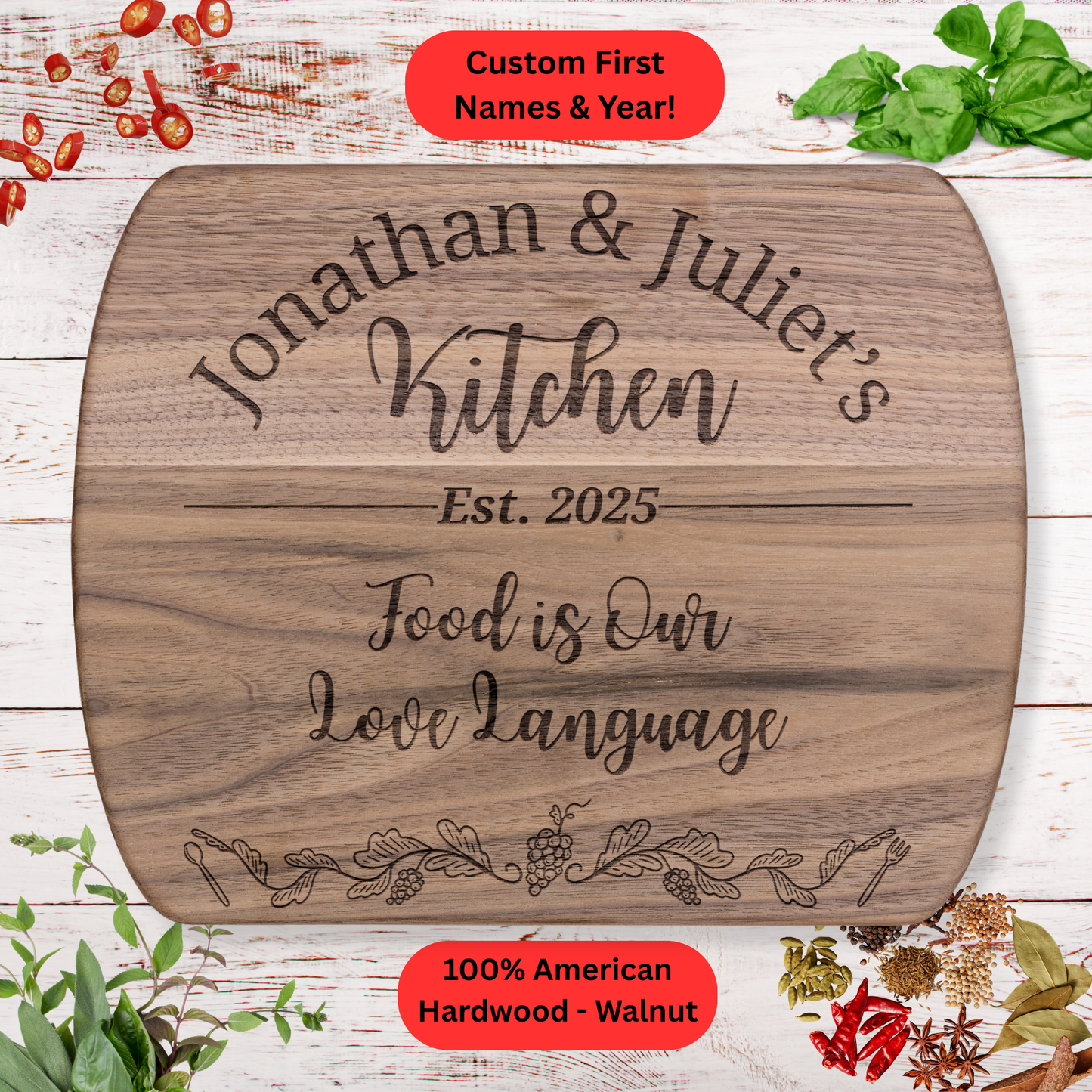 Personalized Couples Cutting Board. Custom Names and Year. Walnut or Maple. Wedding or Anniversary Gift. Valentines Day Gift