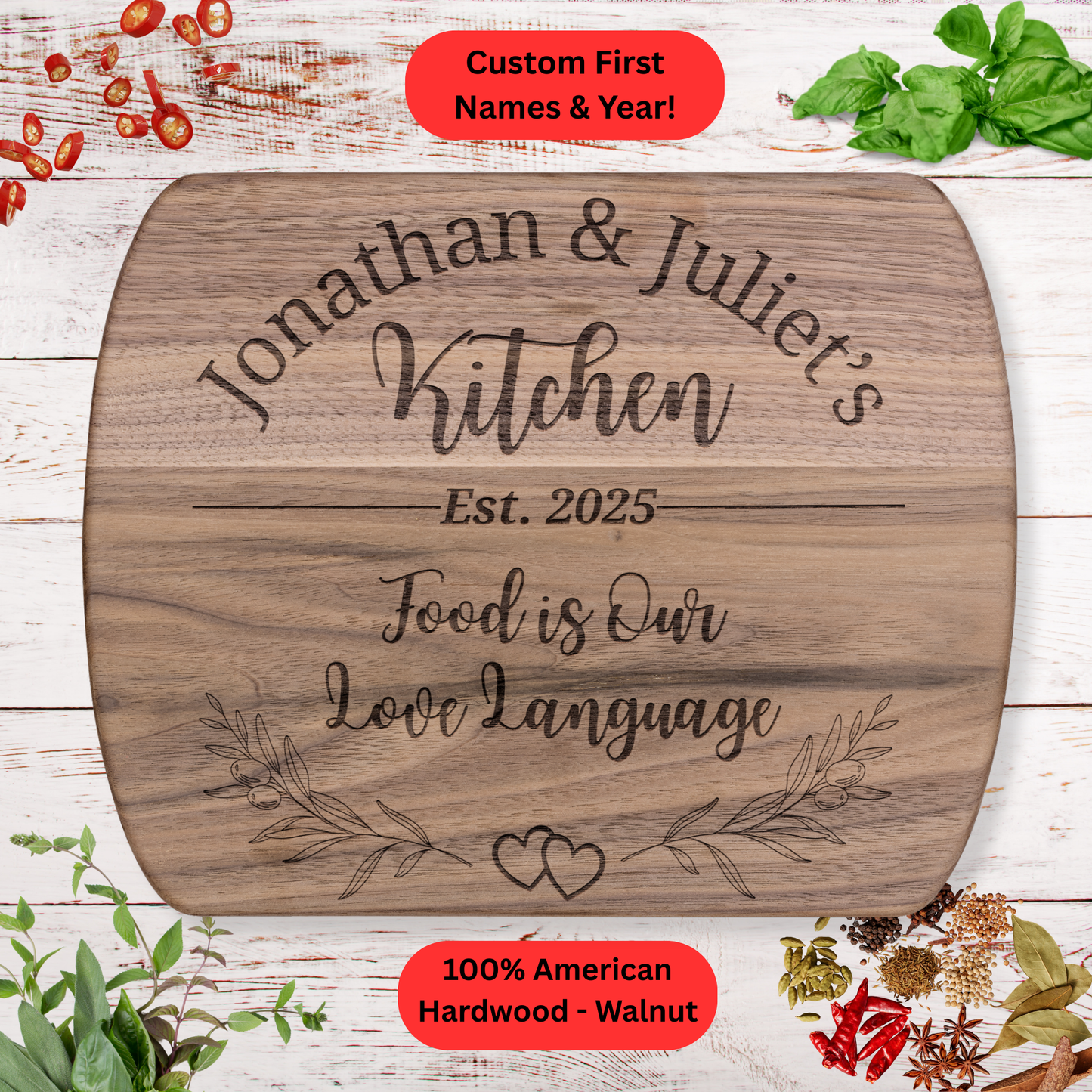 Personalized Couples Cutting Board. Custom Names and Year. Wedding or Anniversary Gift. Valentines Day Gift