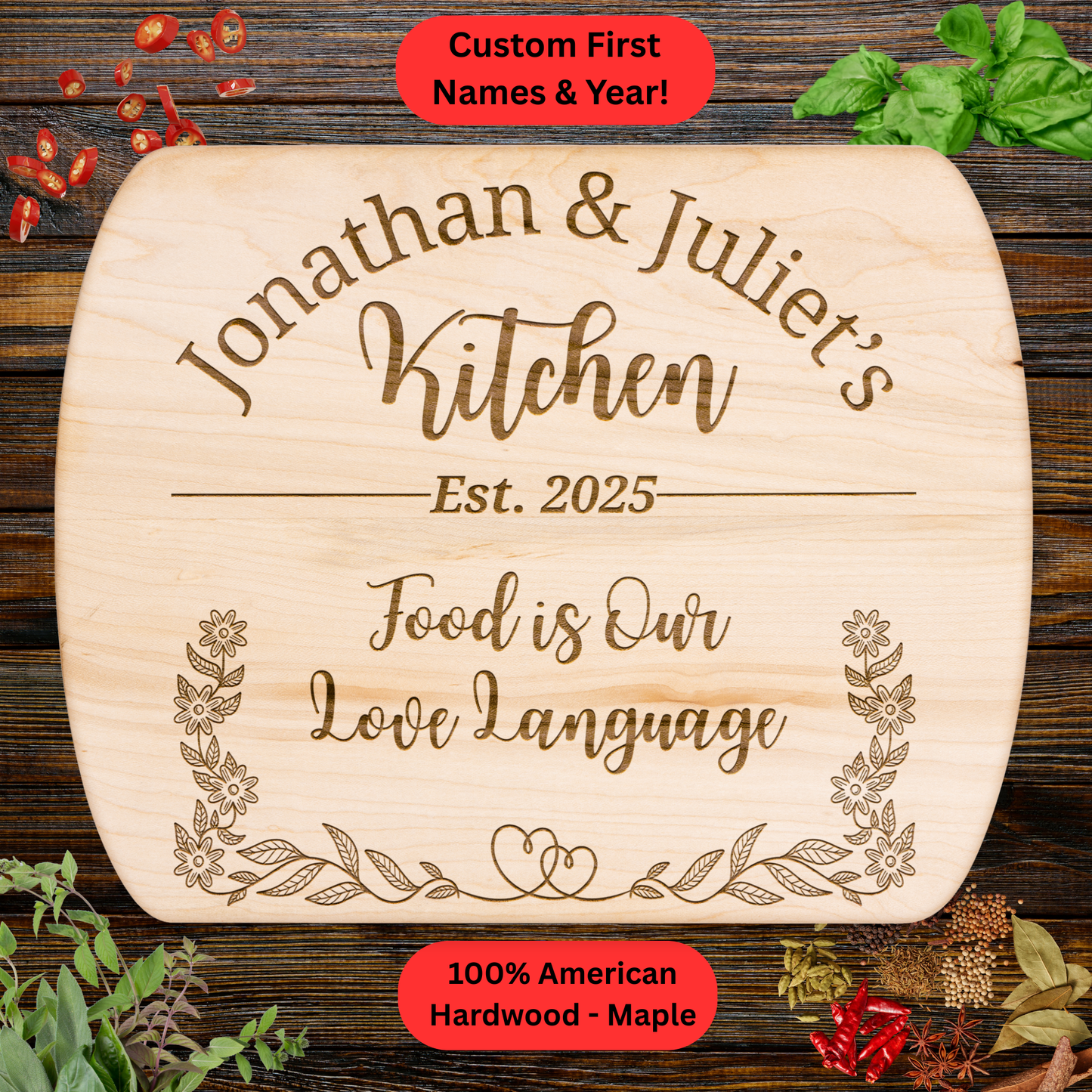 Personalized Couple Cutting Board. Custom Names and Year. Anniversary or Valentine’s Gift
