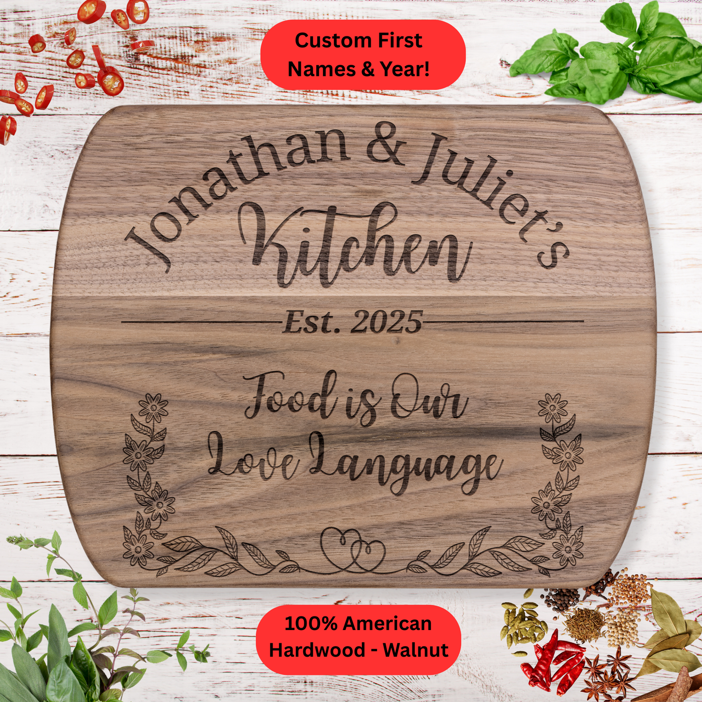 Personalized Couple Cutting Board. Custom Names and Year. Anniversary or Valentine’s Gift