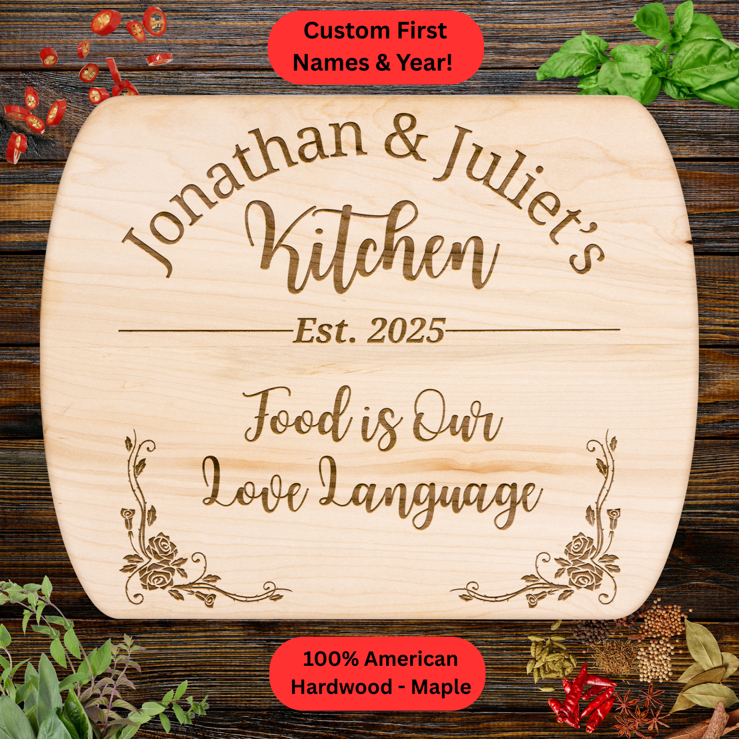 Personalized Couples Cutting Board. Custom Couple Kitchen Gift. Wedding, Anniversary and Valentine’s Day Gift