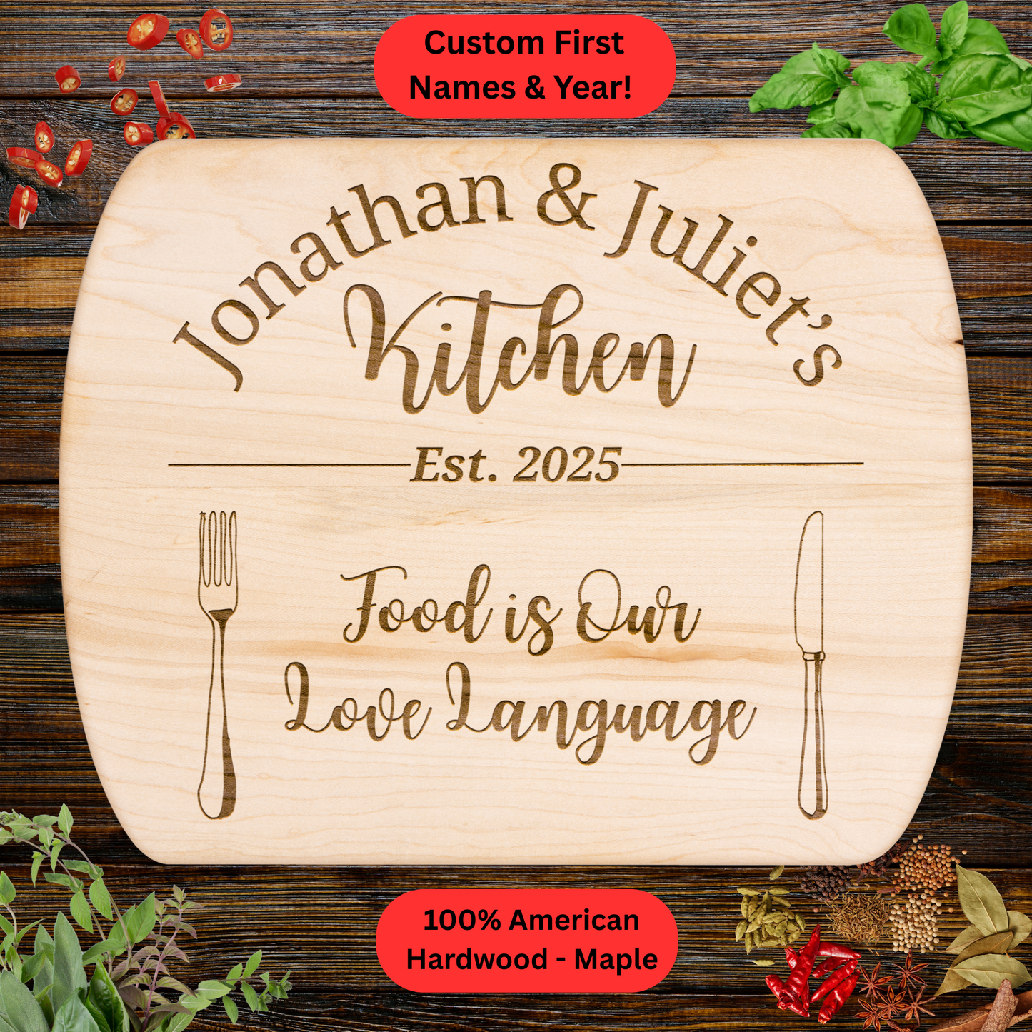 Personalized Couple Cutting Board. Custom Names and Year. Wedding, Anniversary and Valentine’s Gift