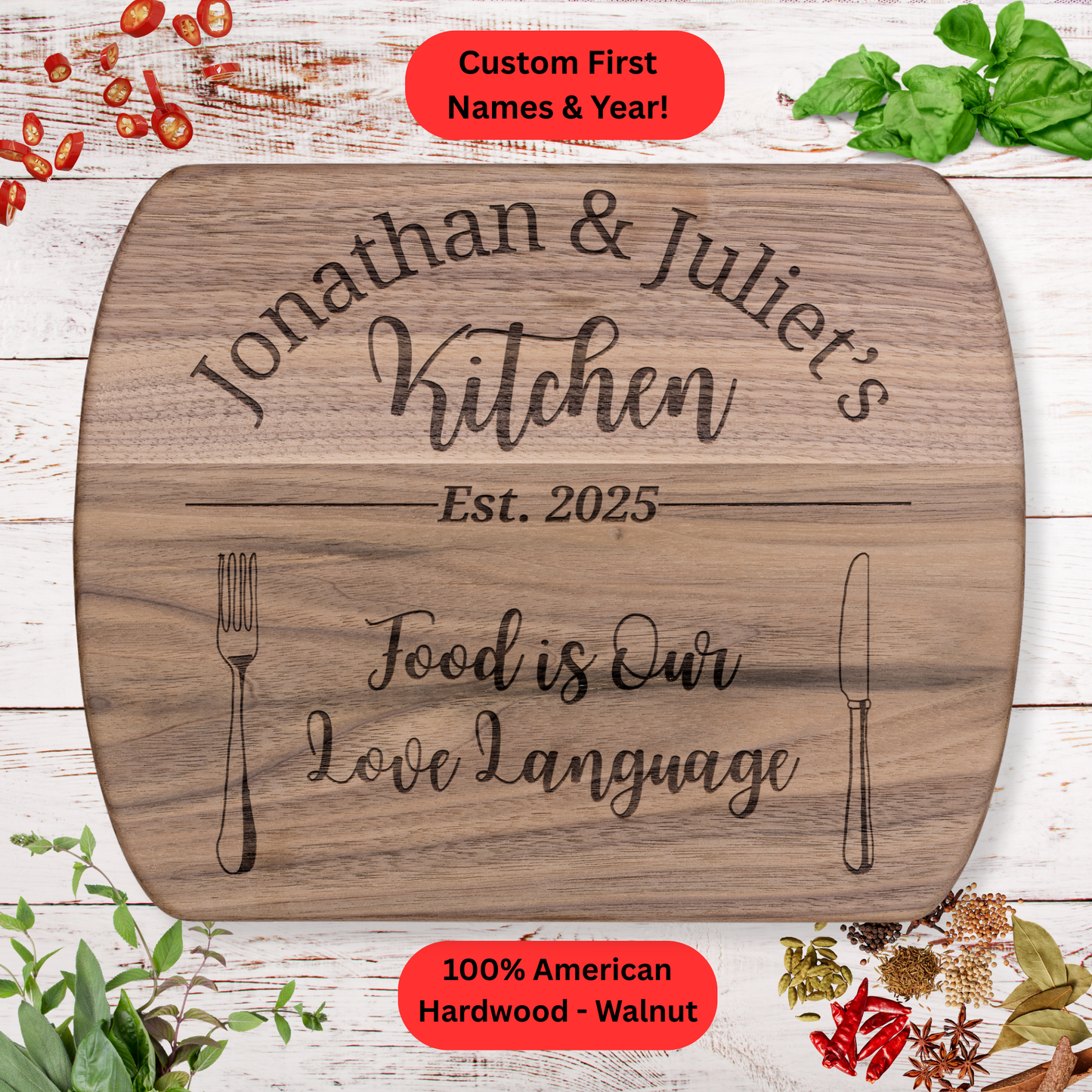 Personalized Couple Cutting Board. Custom Names and Year. Wedding, Anniversary and Valentine’s Gift