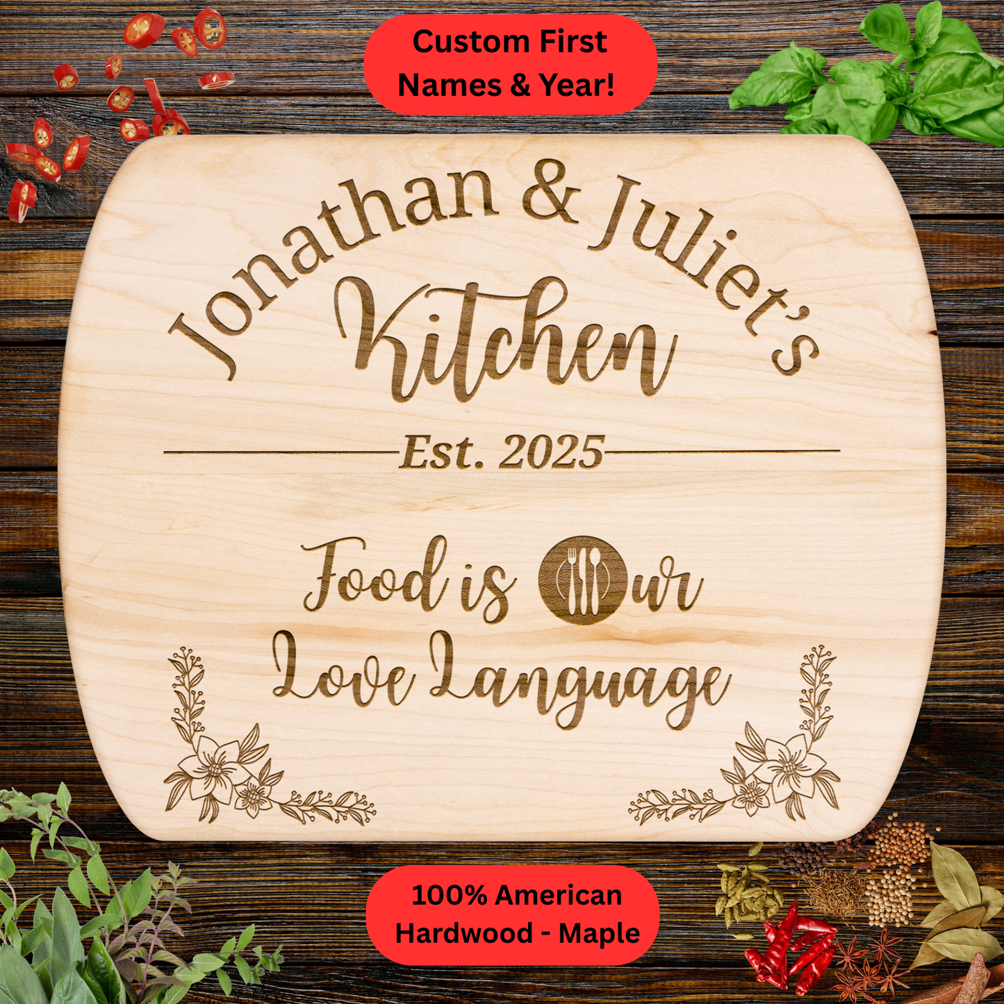 Personalized Couples Cutting Board. Custom Couple Kitchen Gift. Wedding, Anniversary & Valentine’s Day Gift. Maple or Walnut.