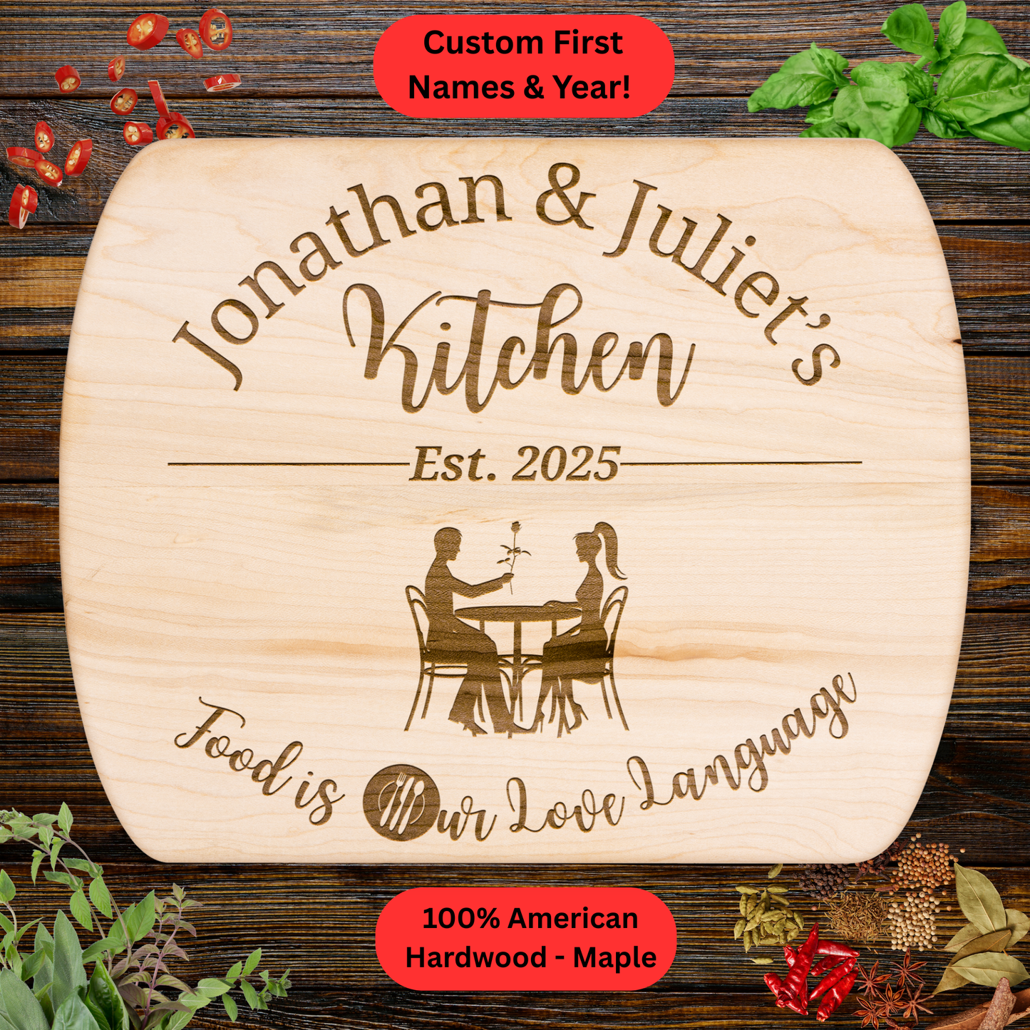 Personalized Couple Cutting Board. Custom Names and Year. Wedding, Anniversary and Valentine’s Day Gift
