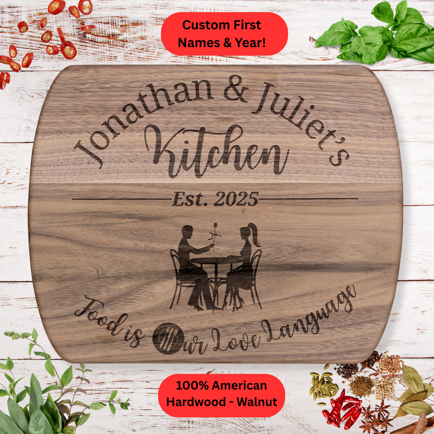 Personalized Couple Cutting Board. Custom Names and Year. Wedding, Anniversary and Valentine’s Day Gift