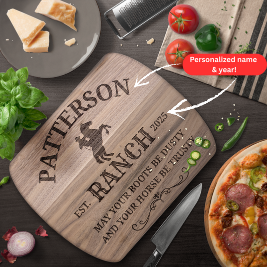 Personalized Ranch Cutting Board. May Your Boots Be Dusty and Your Horse Be Trusty. Custom Family Name and Year. Ranch family gift