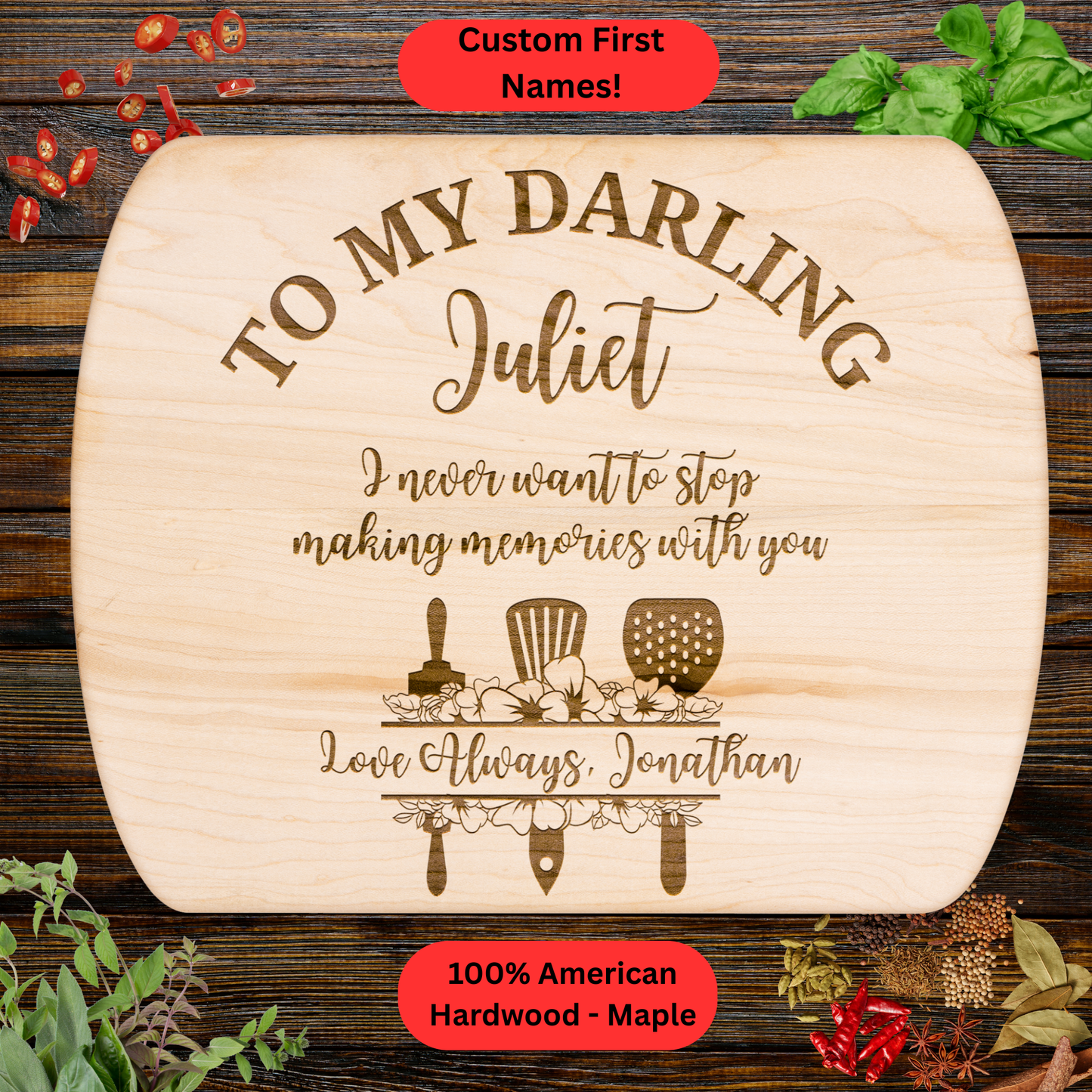 Personalized Romantic Cutting Board. Custom Names. Wedding, Anniversary and Valentine’s Gift