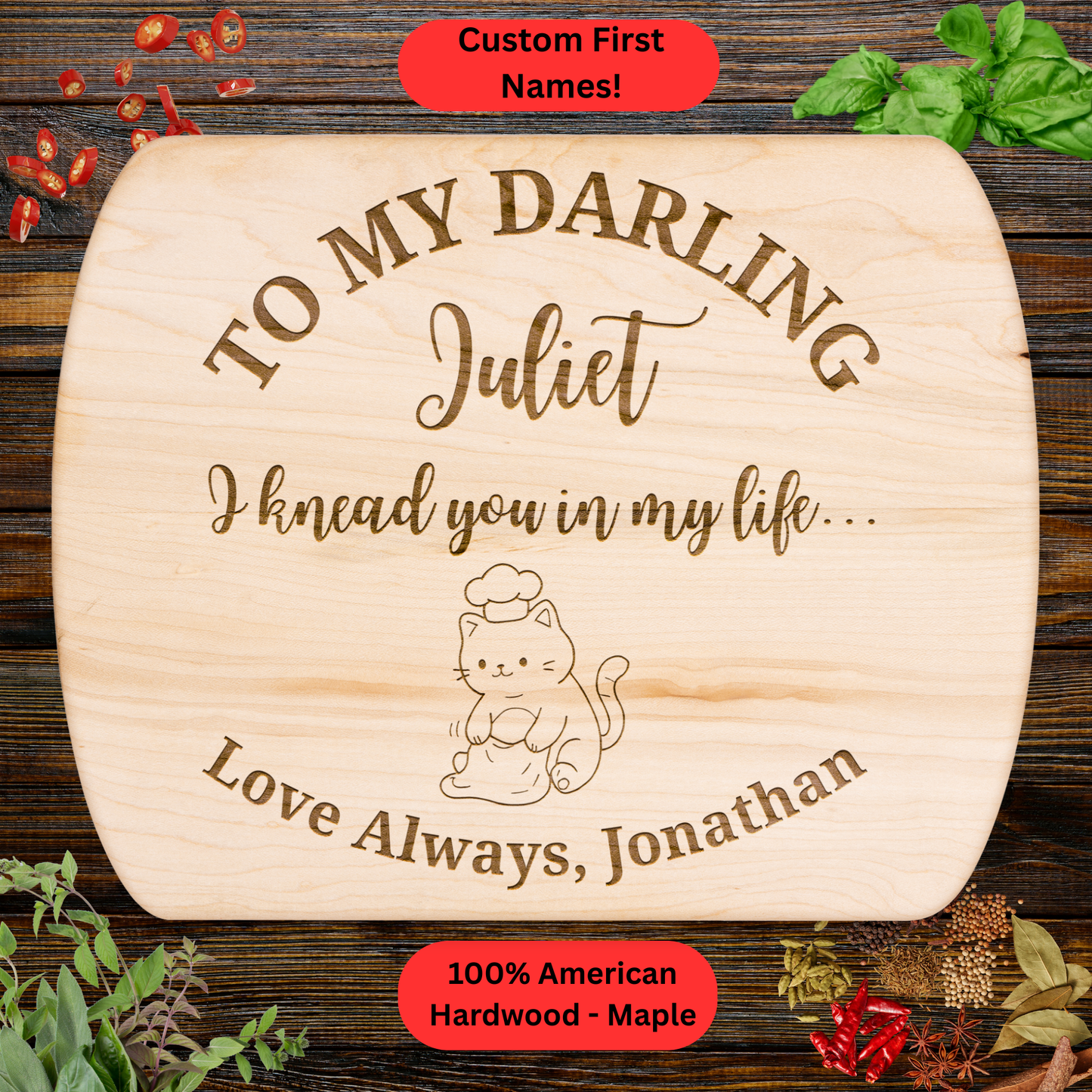 Personalized Funny Cat Love Cutting Board. Custom Names. Valentine’s, Anniversary and Cat Lover Gift