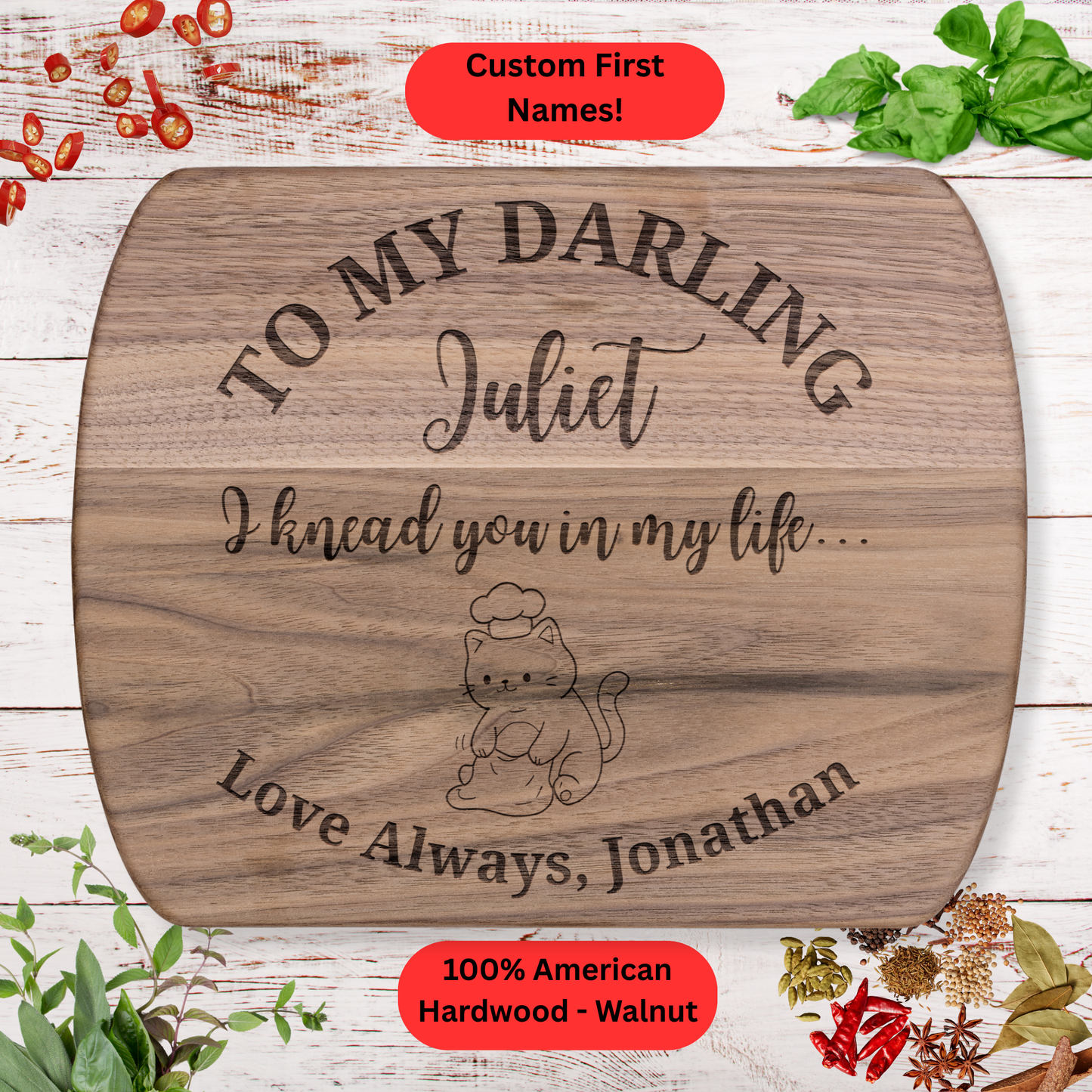 Personalized Funny Cat Love Cutting Board. Custom Names. Valentine’s, Anniversary and Cat Lover Gift