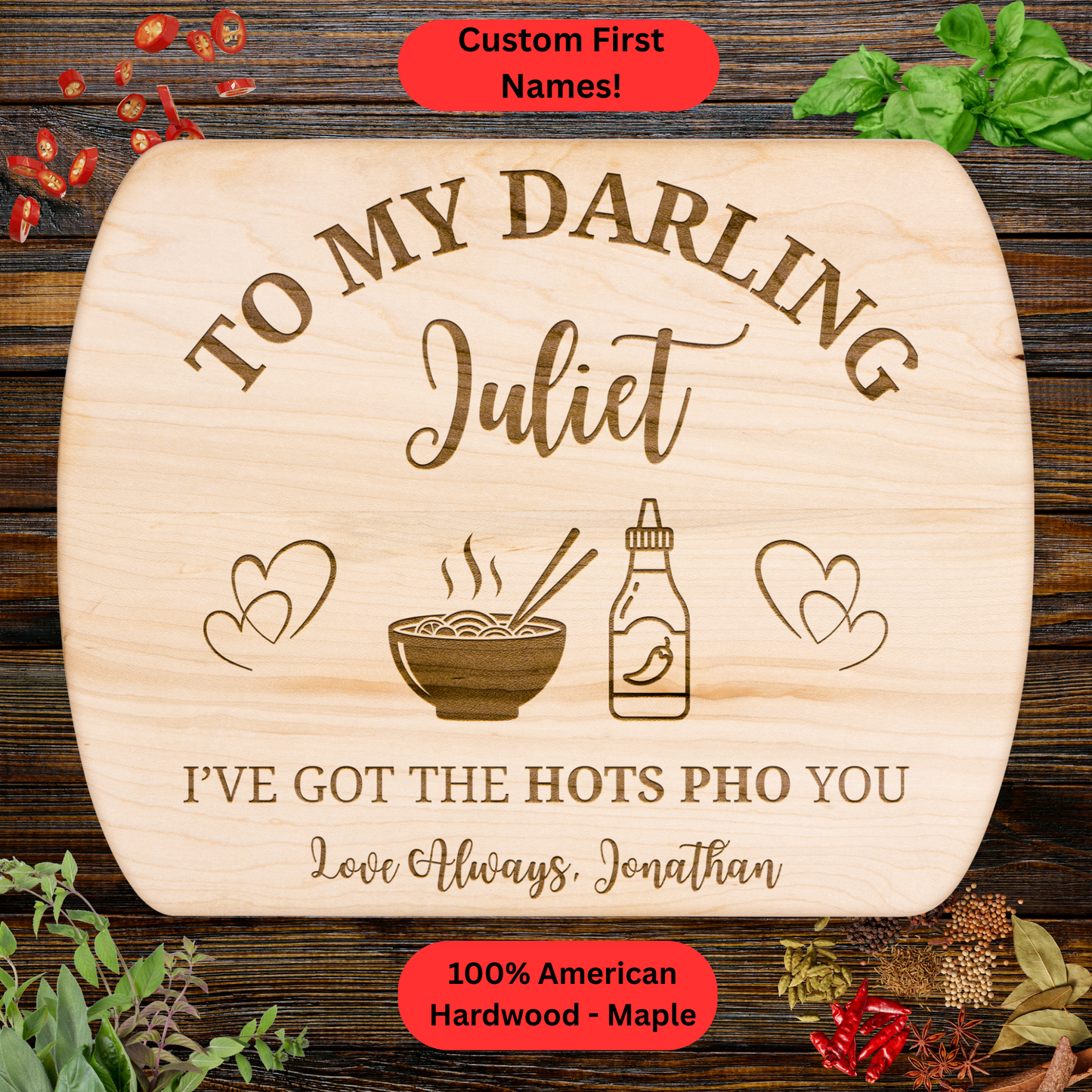Personalized Funny Love Cutting Board. Custom Names. Valentine’s, Anniversary and Foodie Gift