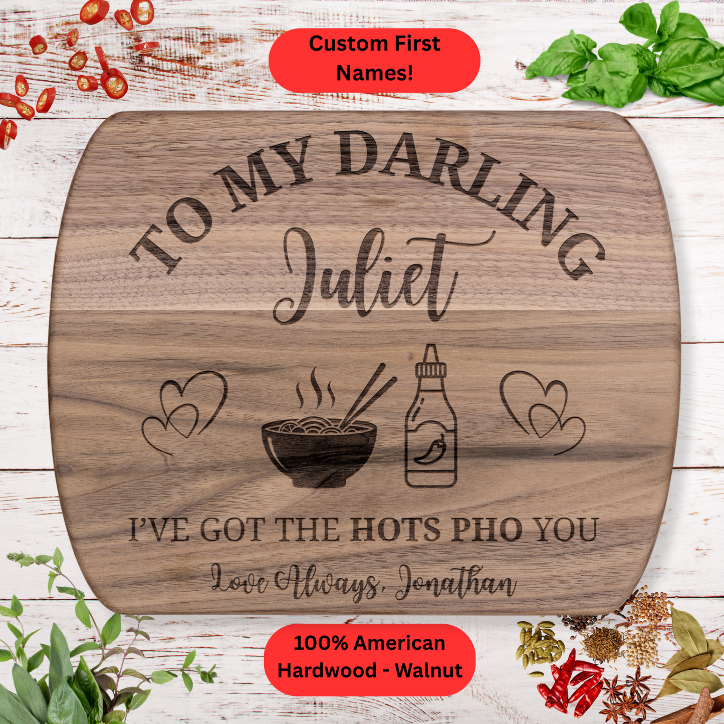 Personalized Funny Love Cutting Board. Custom Names. Valentine’s, Anniversary and Foodie Gift