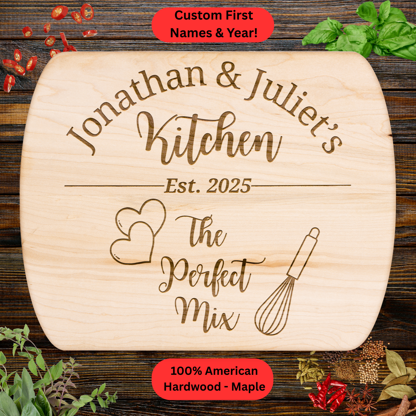 Personalized Couples Cutting Board. Custom Names and Year. Wedding, Anniversary & Housewarming Gift. Valentine's Day Gift