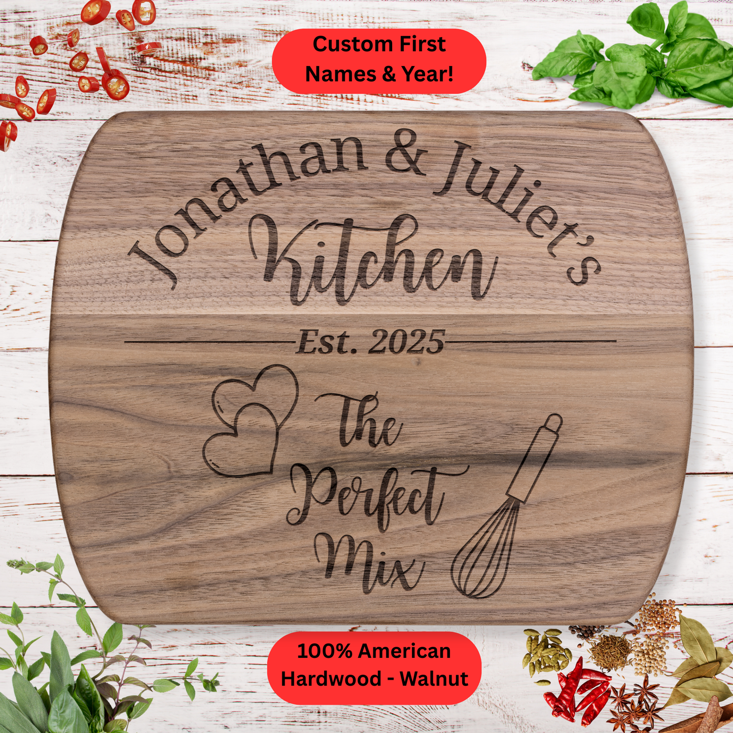 Personalized Couples Cutting Board. Custom Names and Year. Wedding, Anniversary & Housewarming Gift. Valentine's Day Gift