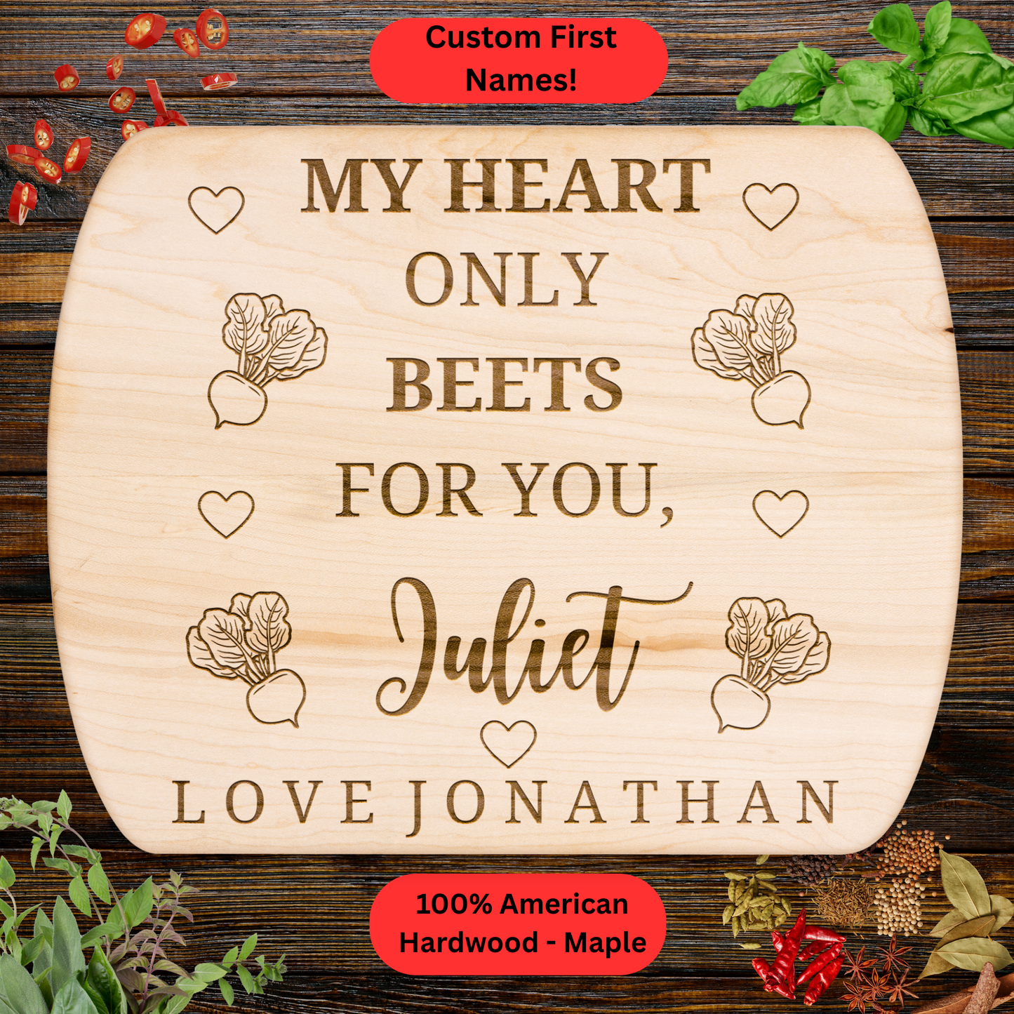 Personalized Funny Love Cutting Board. Custom Names. Valentine’s, Anniversary and Couples Gift