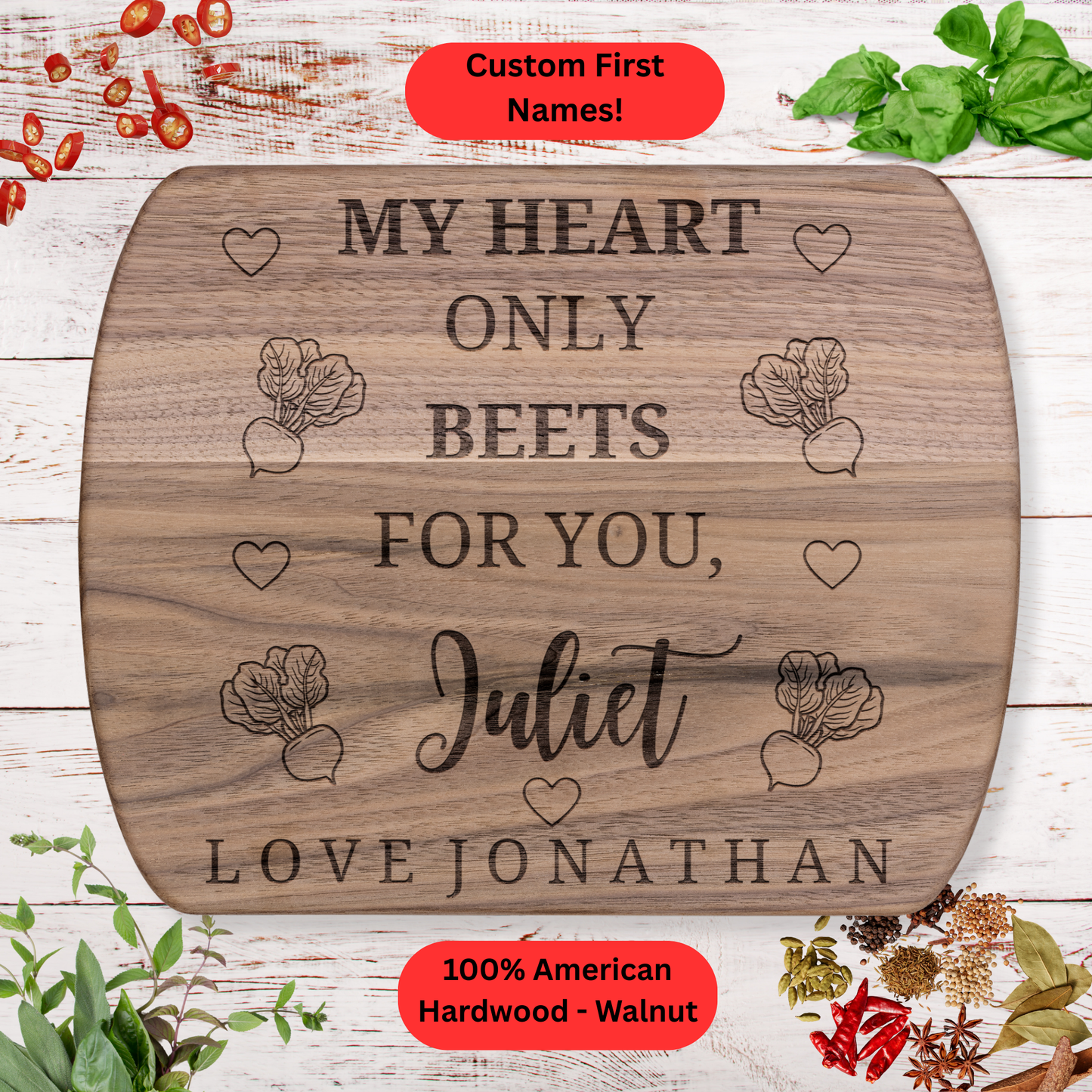Personalized Funny Love Cutting Board. Custom Names. Valentine’s, Anniversary and Couples Gift