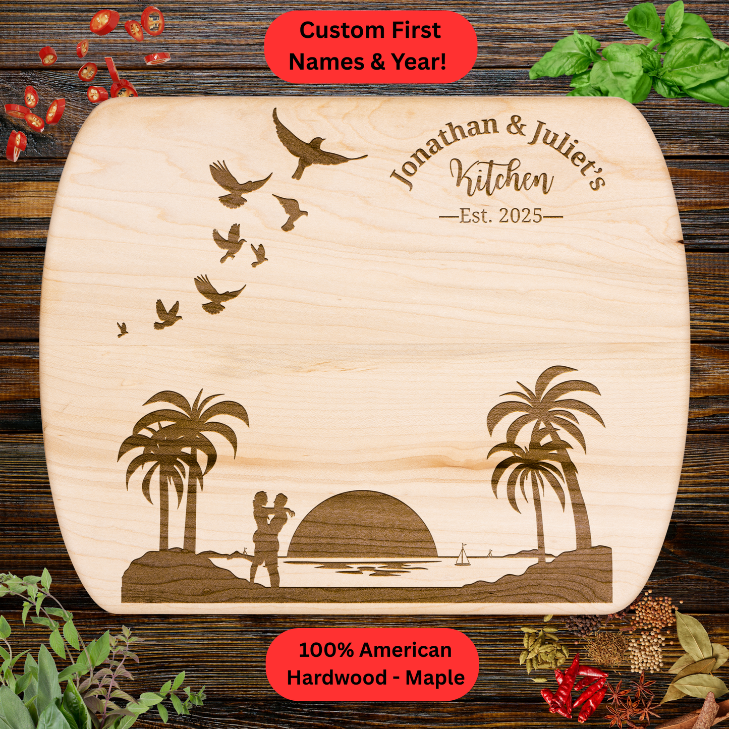 Personalized Couple Cutting Board.  Custom Names and Year. Wedding, Anniversary and Housewarming Gift. Valentine's Day Gift