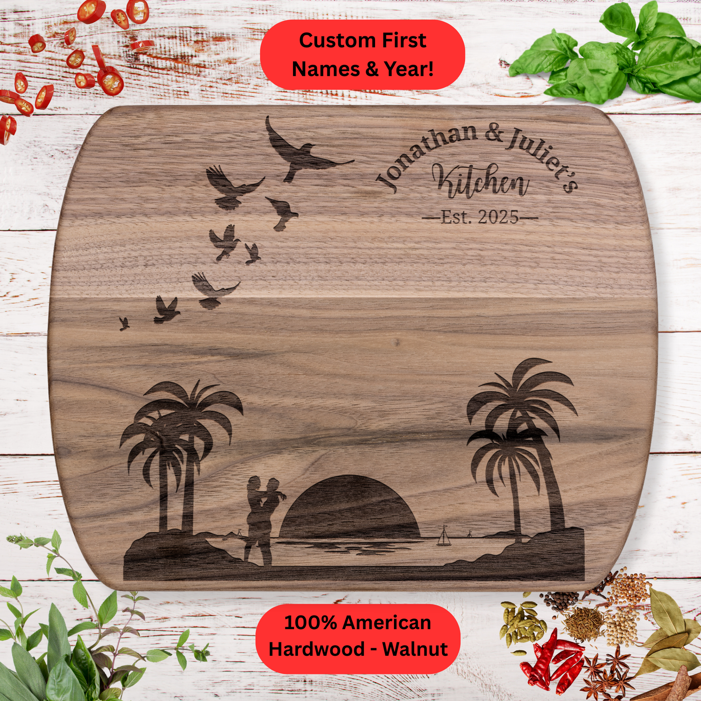 Personalized Couple Cutting Board.  Custom Names and Year. Wedding, Anniversary and Housewarming Gift. Valentine's Day Gift