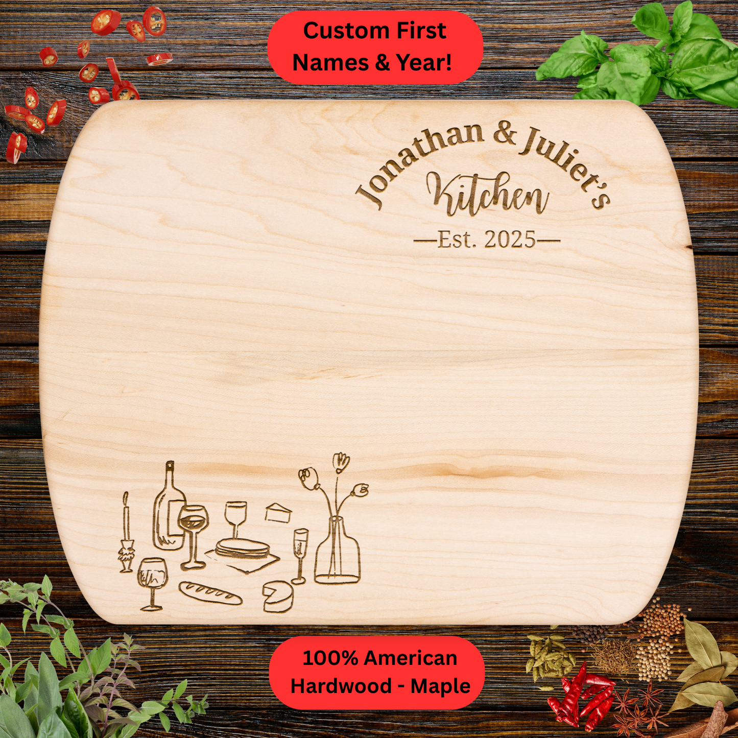 Personalized Couples Kitchen Cutting Board. Custom Names and Year. Wedding or Anniversary Gift. Valentines Day Gift