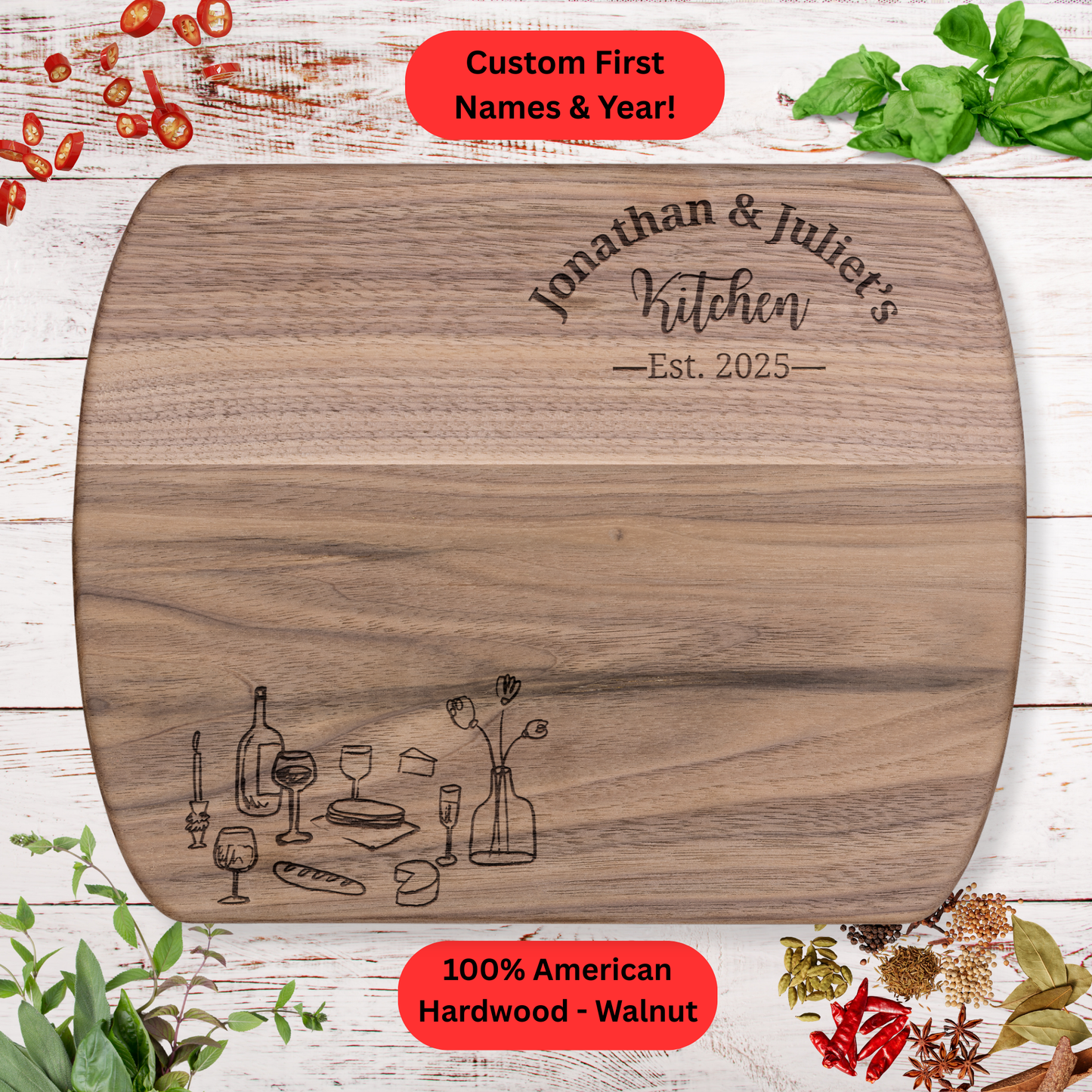 Personalized Couples Kitchen Cutting Board. Custom Names and Year. Wedding or Anniversary Gift. Valentines Day Gift