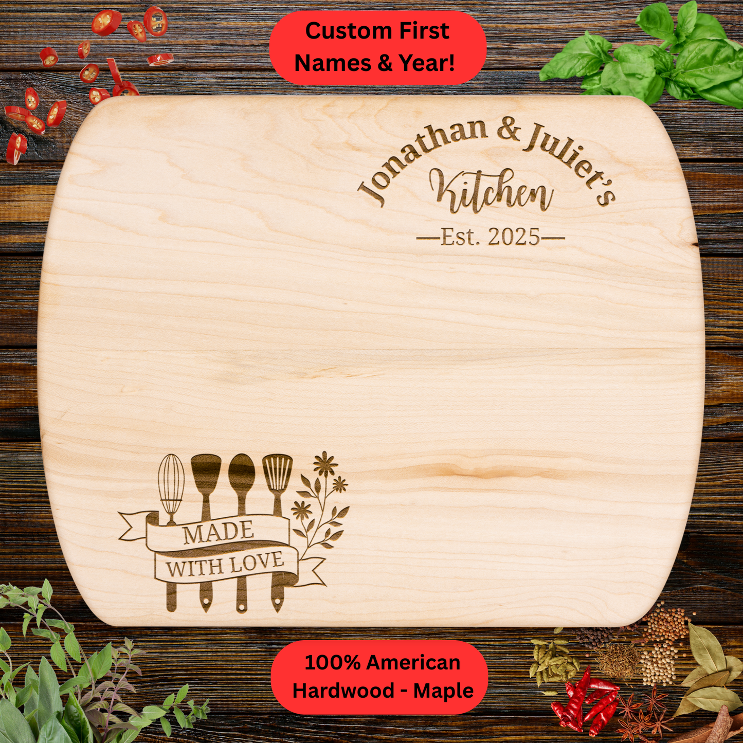 Personalized Couples Cutting Board. Custom Names and Year. Wedding or Anniversary Gift. Valentines Day Gift