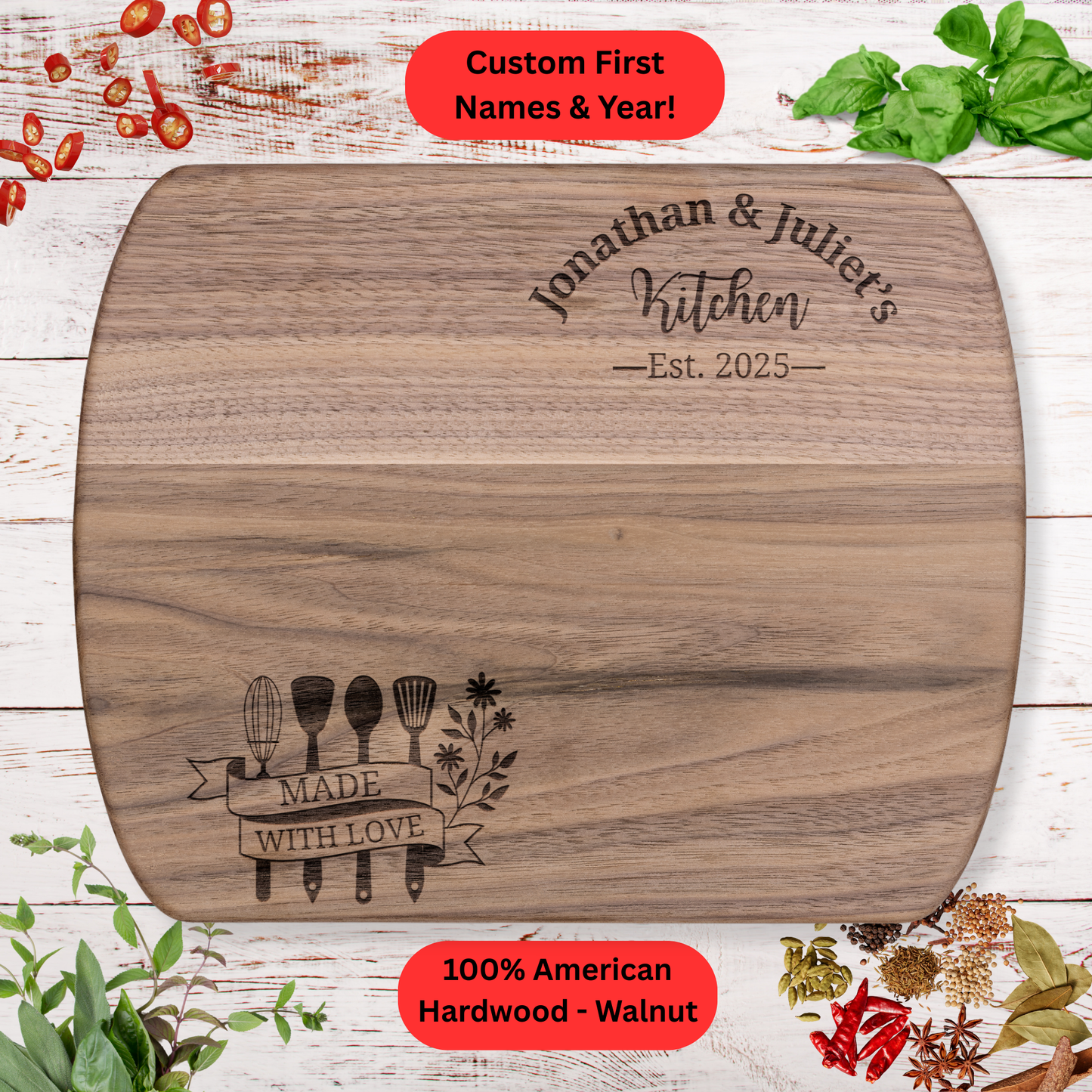 Personalized Couples Cutting Board. Custom Names and Year. Wedding or Anniversary Gift. Valentines Day Gift