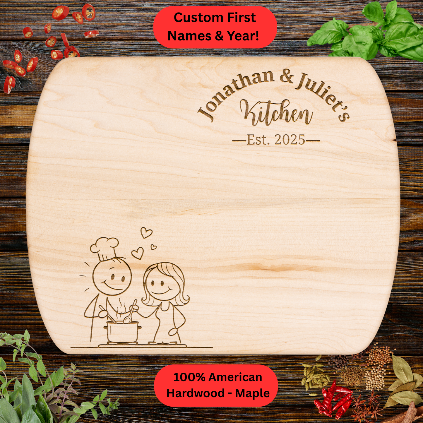 Personalized Couple’s Kitchen Cutting Board. Custom Names and Year. Wedding or Anniversary Gift. Valentines Day Gift