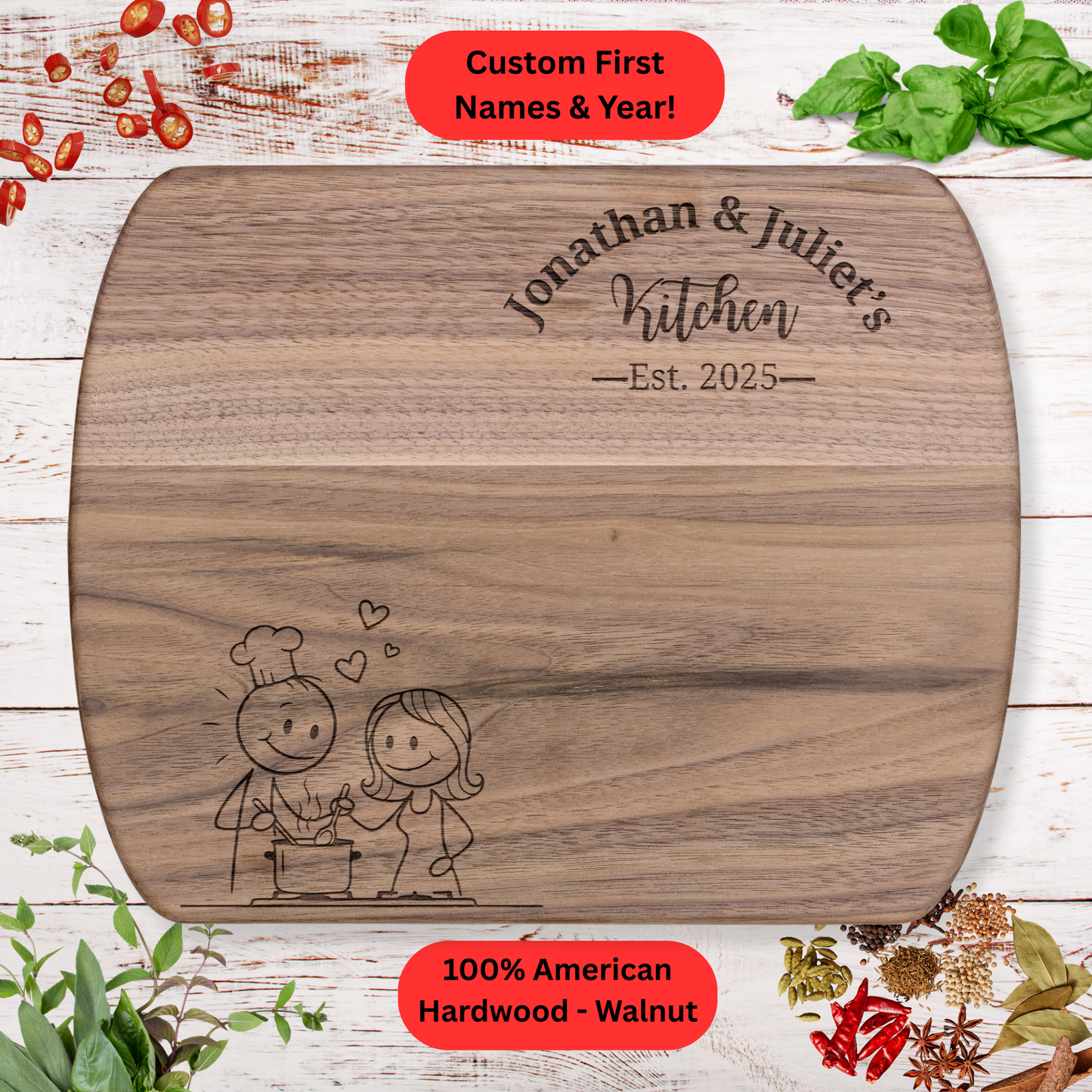 Personalized Couple’s Kitchen Cutting Board. Custom Names and Year. Wedding or Anniversary Gift. Valentines Day Gift