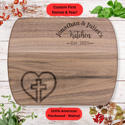 Personalized Christian Kitchen Cutting Board. Custom Names and Year. Wedding or Anniversary Gift. Valentines Day Gift