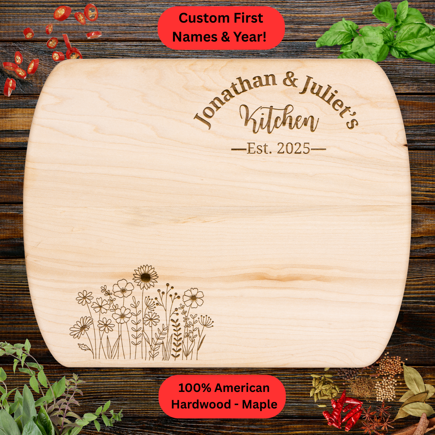 Personalized Floral Kitchen Cutting Board. Custom Names and Year. Wedding or Anniversary Gift. Valentines Day Gift