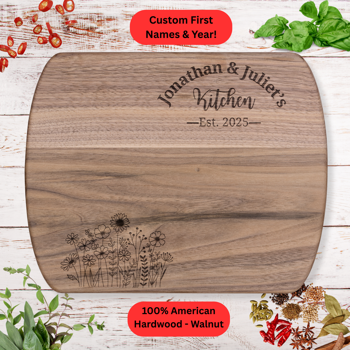 Personalized Floral Kitchen Cutting Board. Custom Names and Year. Wedding or Anniversary Gift. Valentines Day Gift