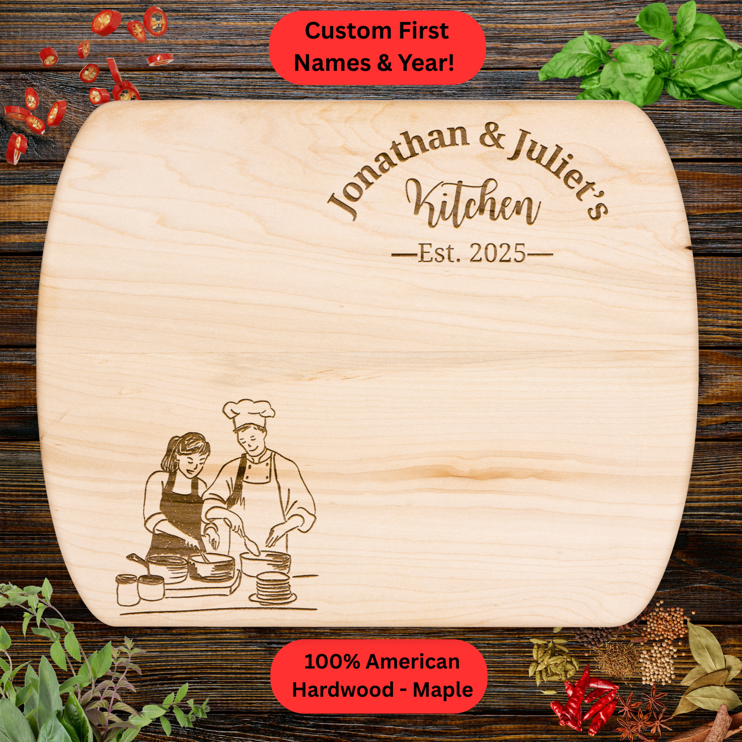 Personalized Couple’s Kitchen Cutting Board. Custom Names and Year.