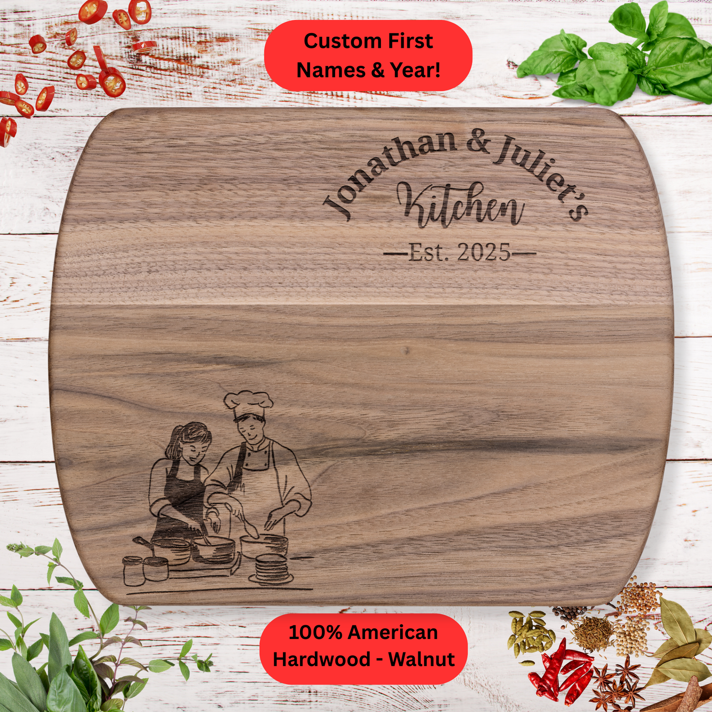 Personalized Couple’s Kitchen Cutting Board. Custom Names and Year.