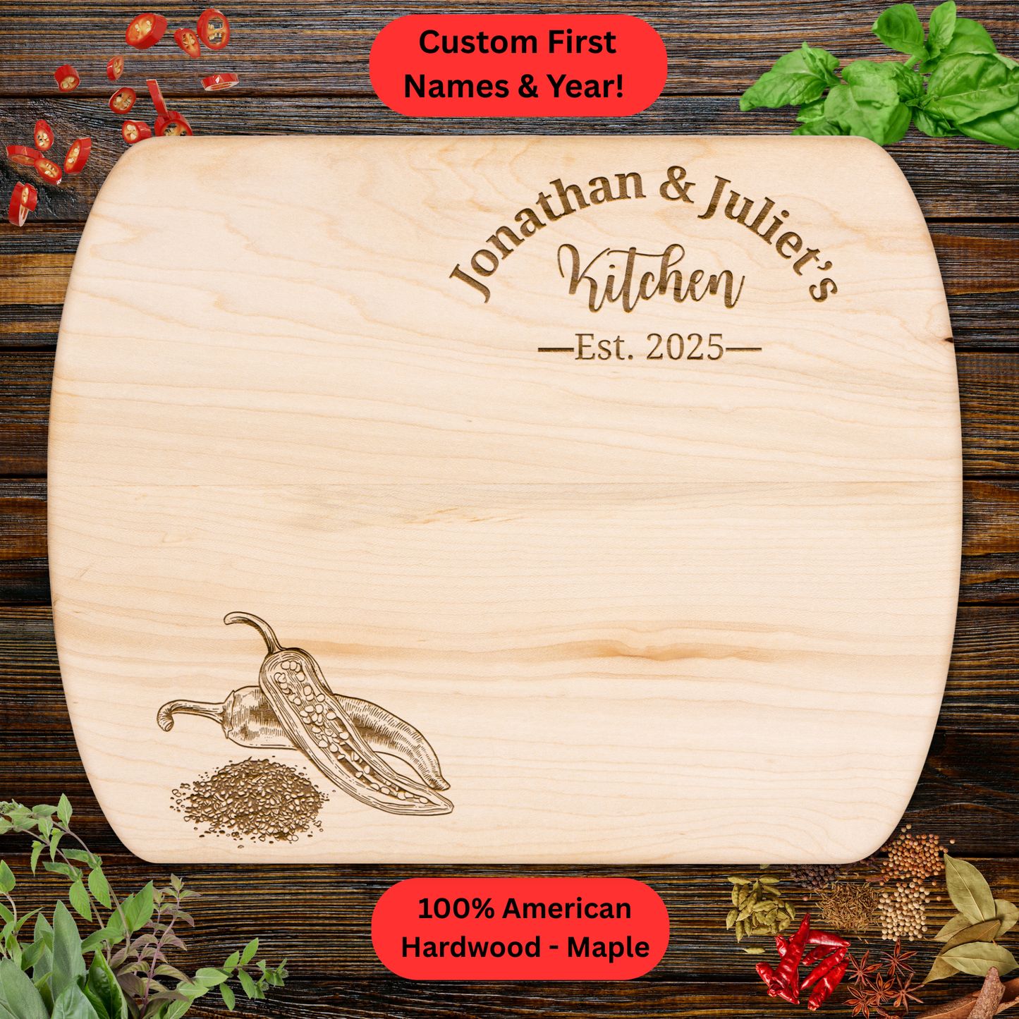 Personalized Couple's Cutting Board. Custom Names and Year with Chili Design.